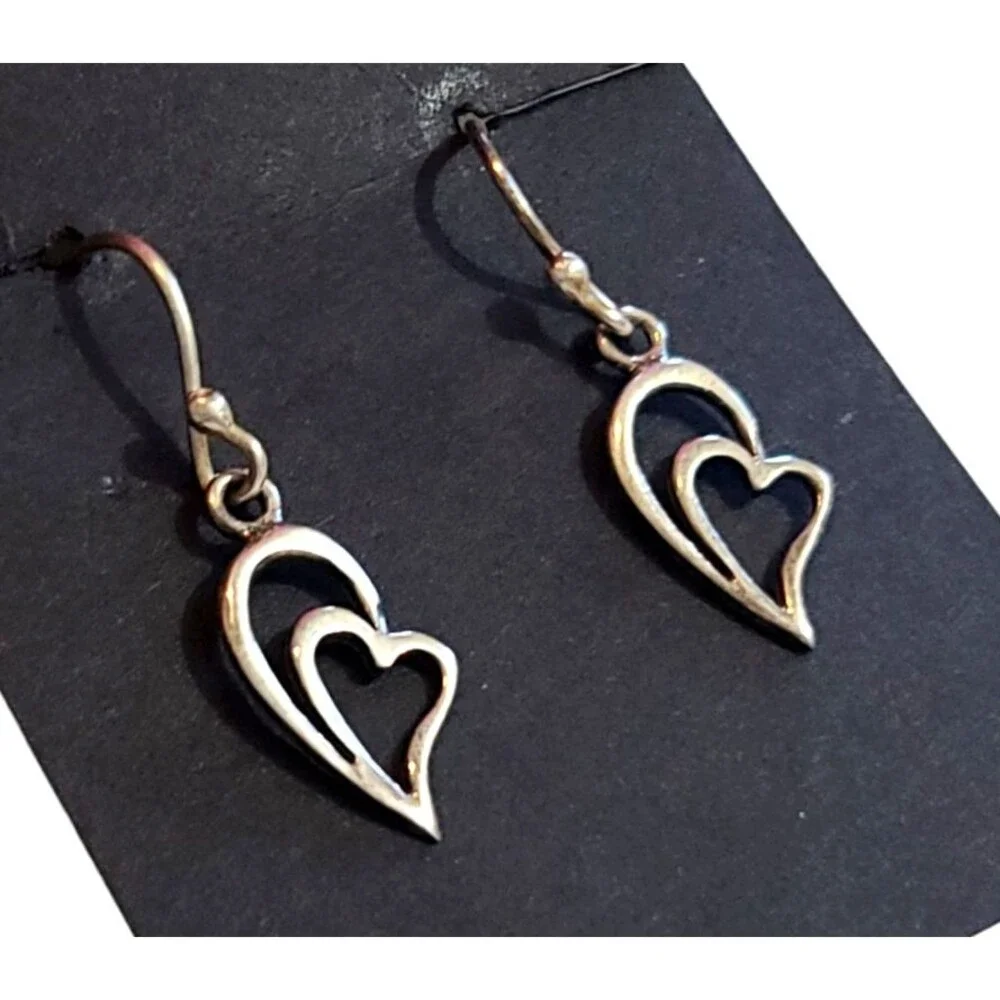 Vintage 925 Sterling Silver Double Heart Cutout Dangle Drop Earrings